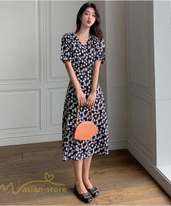 ミディアム | ワンピース レディース 着痩せ 花柄 半袖 大きいサイズ 上品 Aラインワンピース ゆったり Vネック ハイウエスト ミディアム丈 お出かけ 通勤 ひざ丈 通学