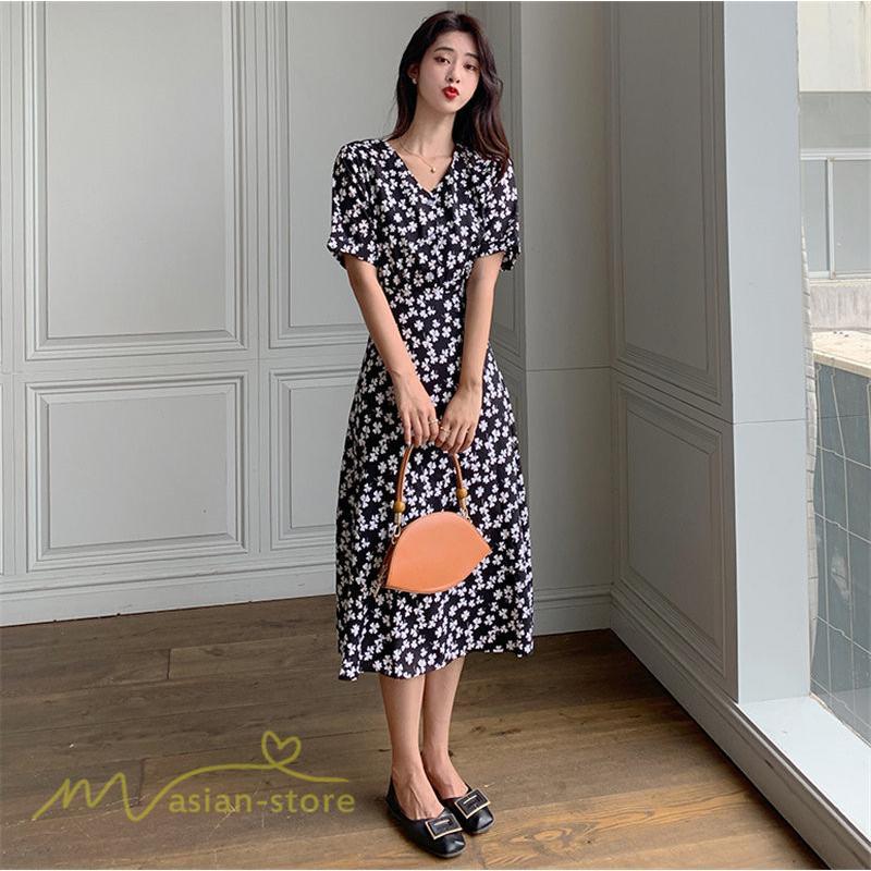 ミディアム | ワンピース レディース 着痩せ 花柄 半袖 大きいサイズ 上品 Aラインワンピース ゆったり Vネック ハイウエスト ミディアム丈 お出かけ 通勤 ひざ丈 通学