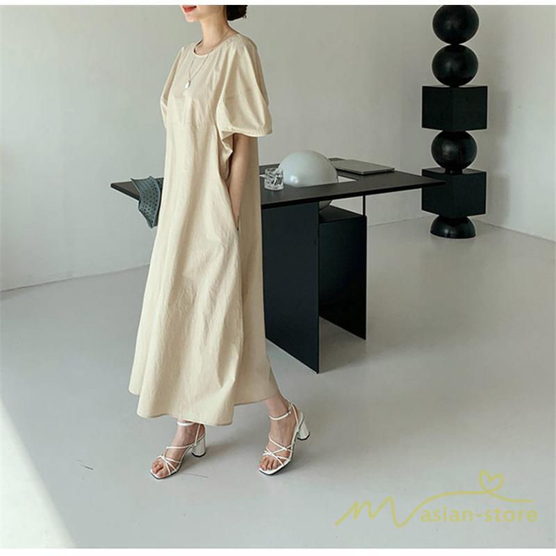 マキシ | ワンピース レディース パフスリーブロングワンピース ハーフスリーブ マキシワンピース ロング丈 半袖 マキシ丈 送料無料 韓国ファッション カジュアル