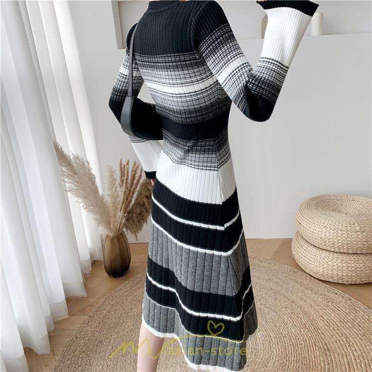 ニットワンピース | ワンピース レディース ニット ワンピース ニット チュニック ロング 長袖 着痩せ 秋冬 送料無料 ボーダー柄 2022新作 韓国風 秋冬コーデ 大人可愛い