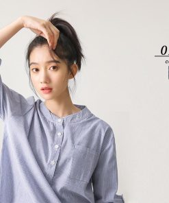 シャツ・ブラウス | 長袖シャツ レディース トップス ブラウス ストライプ 立てカラー 20代30代40代 五分袖に変える 可愛い ポケット