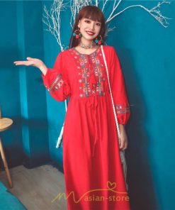 マキシ | ワンピース 長袖 ハイウエスト 綿麻 コットン リネン ロング ロング丈 Aライン ワンピ レディース 着痩せ 体型カバー 丸首 白 黄色 赤 通勤 Vネック 刺繍