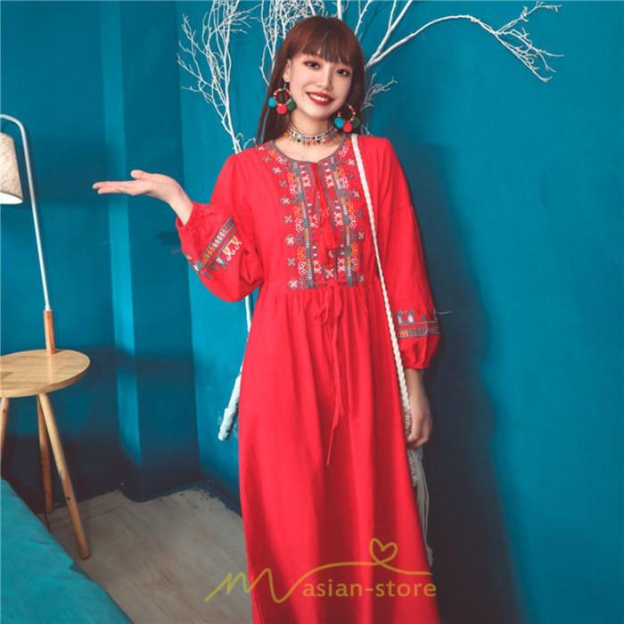 マキシ | ワンピース 長袖 ハイウエスト 綿麻 コットン リネン ロング ロング丈 Aライン ワンピ レディース 着痩せ 体型カバー 丸首 白 黄色 赤 通勤 Vネック 刺繍