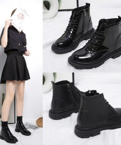 ショートブーツ | ラウンドトゥレディース サイドファスナー レースアップ 厚底シューズ 滑り止めソール チャンキーヒール 太ヒール シューズ ブーツ 厚底 黒