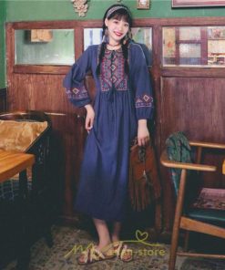 マキシ | ワンピース レディース 刺繍 綿麻 レトロ調 インスタ映え ナチュラル エスニック風 民族風 ボヘミアン 撮影 リゾート 柔らかい ウエストリボン長袖 イベント