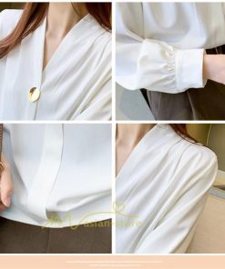 シャツ・ブラウス | ブラウス レディース 長袖ブラウス 春秋 オフィスブラウス 白vネック オシャレブラウス シフォントップス 韓国風 大人 上品 40代 ゆったりシャツ 通勤OL 50代