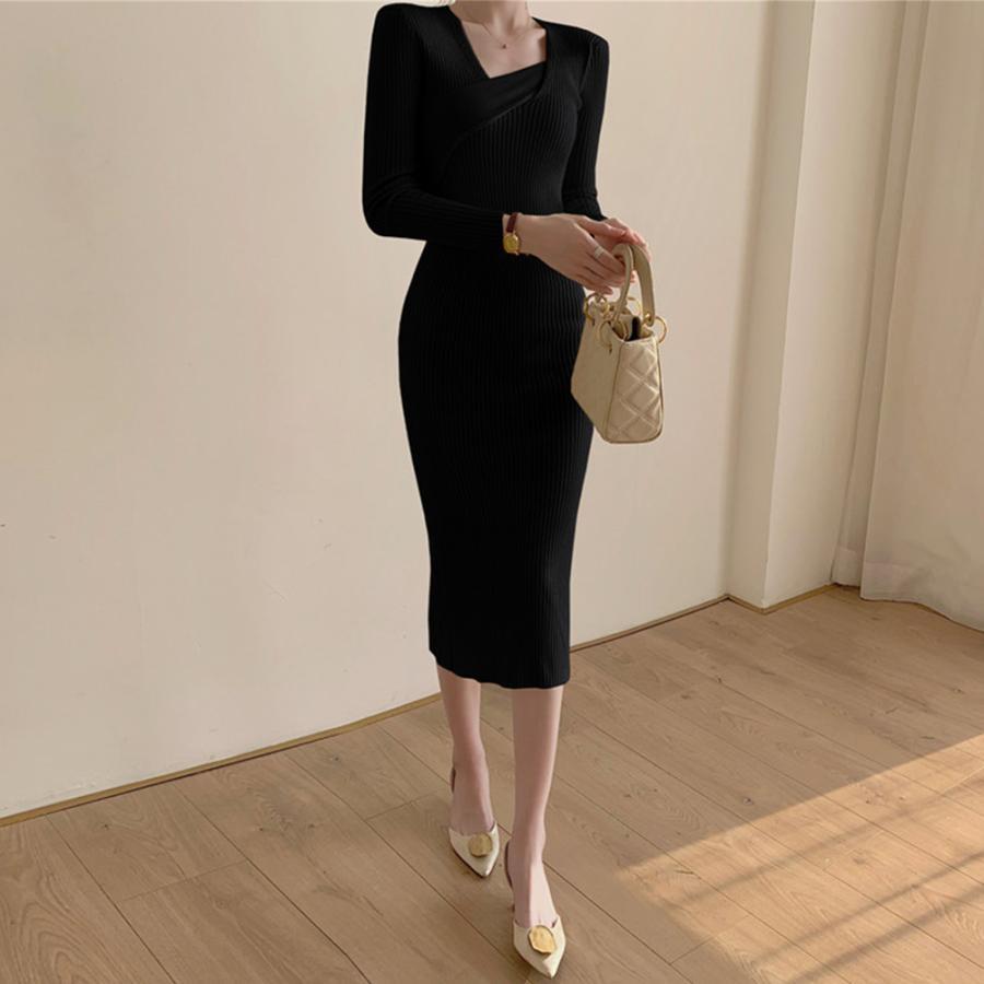 ワンピース | タイト ニットクロスネック