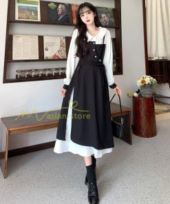 マキシ | ロングワンピース 秋物 レディース ミモレ丈 Aラインワンピース 黒白 フェイク レイヤード風 重ね着風 30代40代 シャツカラー お呼ばれワンピース 50代 着やせ