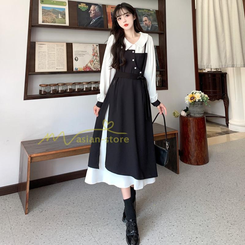 マキシ | ロングワンピース 秋物 レディース ミモレ丈 Aラインワンピース 黒白 フェイク レイヤード風 重ね着風 30代40代 シャツカラー お呼ばれワンピース 50代 着やせ