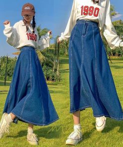 スカート | デニムウエストゴム ロングAライン 無地 ゆったりシルエット 広い裾幅 ハイウエスト Denim 秋冬 秋物 レディース 秋服 デニム