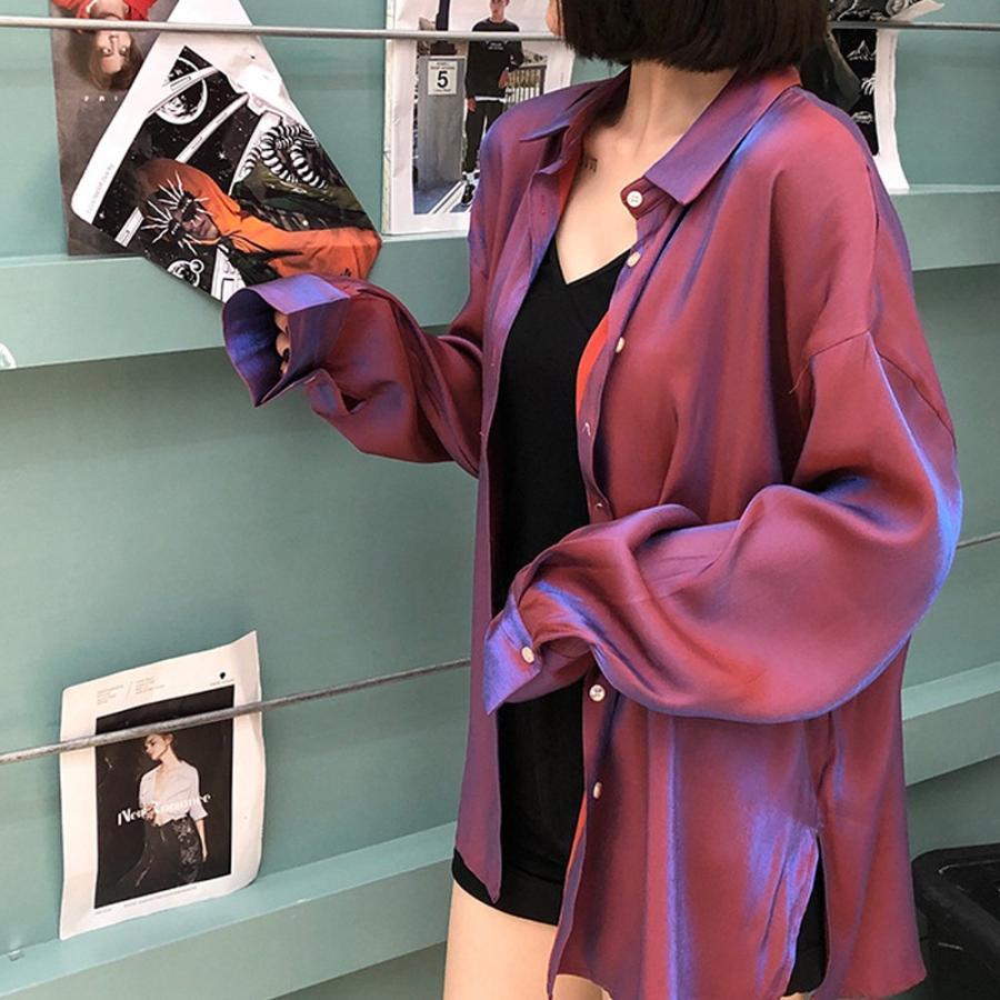 カーディガン | 光沢 サテン 春 レディース ブラウス ロングシャツ 夏 トップス 長袖 カラーシャツ レトロデザイン