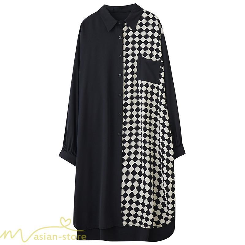 シャツワンピース | ワンピース 長袖 秋 新作 チェック柄 ゆったり 切り替え フリーサイズ ウエストリボン 体型カバー シンプル 大人 バルーンスリーブ 前開き