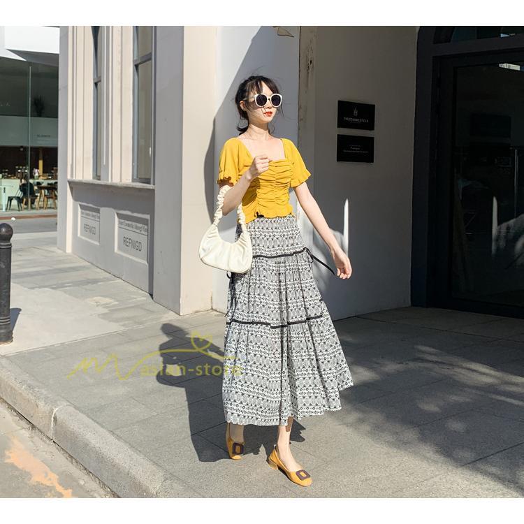 スカート | フレアロングレデイース リネンウエストゴム 綿麻混 マキシマキシ レトロ風 体型カバー リゾート 夏物