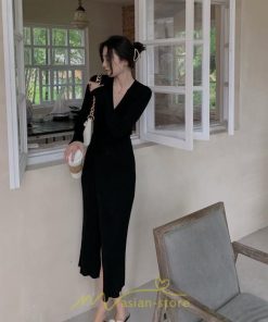 ニットワンピース | ワンピース 春 春服 レディース 長袖 ゆったり 秋 冬 vネック 着痩せ スリット 旅行 女子会 デート 20代30代40代50代 お出かけ