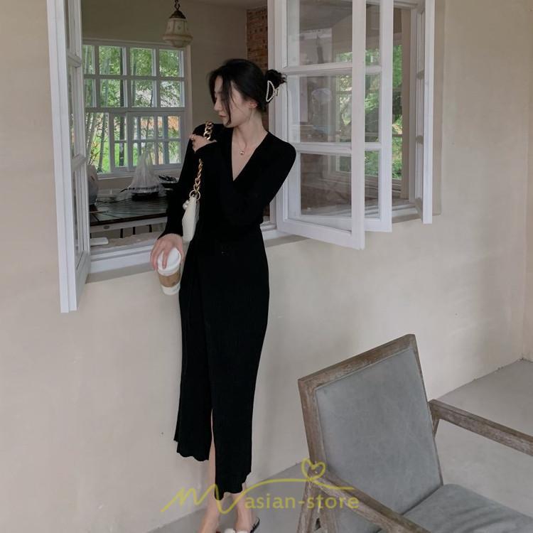 ニットワンピース | ワンピース 春 春服 レディース 長袖 ゆったり 秋 冬 vネック 着痩せ スリット 旅行 女子会 デート 20代30代40代50代 お出かけ