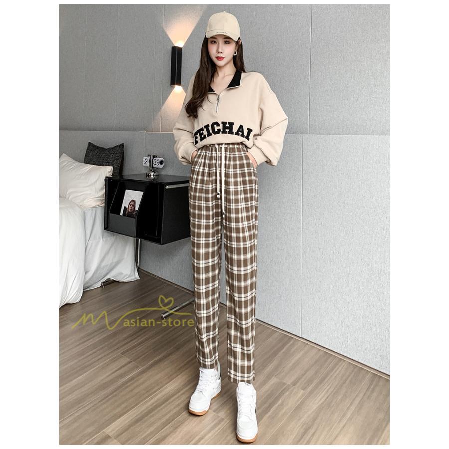 ワイドパンツ | レディース パンツ ゆったり 秋冬 コーデ カジュアル チェック柄 20代 30代 着痩せ 体型カバーロング丈 お出かけ ウエストゴム 50代 40代