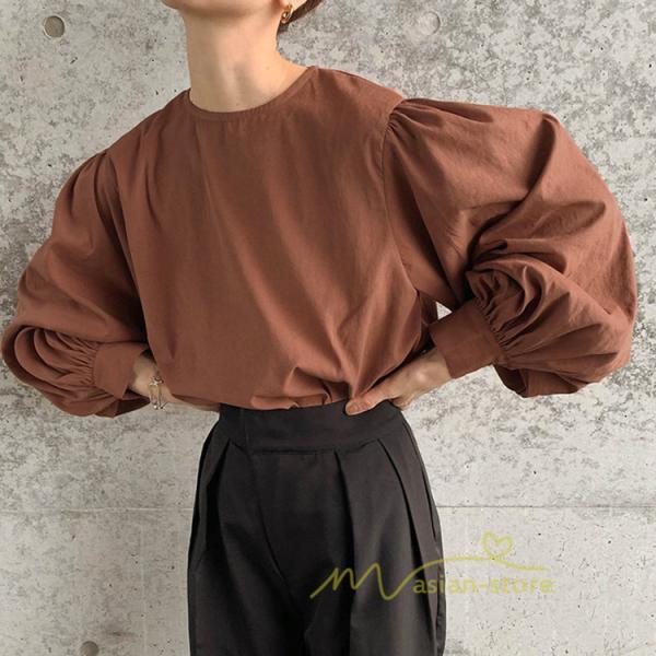 シャツ・ブラウス | 長袖ブラウス 綿100%ブラウス レディース シャツ 秋物 パフスリーブブラウス 無地 トップス 長袖 夏秋物 20代30代 可愛い ゆったりシルエット OL 大人