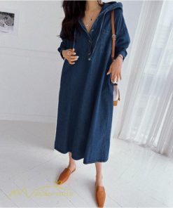 デニムワンピース | フード付き レディース デニム ワンピース 20代 30代 長袖 Aライン プルオーバー カジュアル 秋 冬 新作 40代 フリーサイズ シンプル 50代