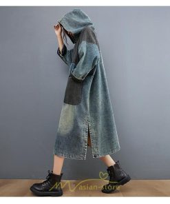 デニムワンピース | ワンピース デニム レディース 40代 ロング チュニック 長袖 ゆったり 体型カバー フード付き ポケット 切り替え 大きいサイズ