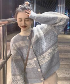 ニット・セーター | 幾何学柄カーディガン配色切替え韓国風