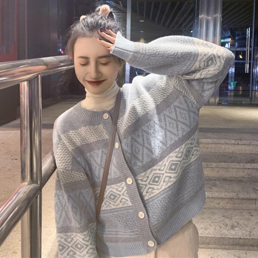 ニット・セーター | 幾何学柄カーディガン配色切替え韓国風