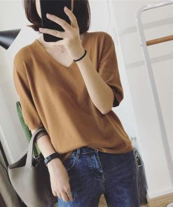 tシャツ・カットソー | Tシャツ カットソー レディース トップス 五分袖 夏服 秋物 リブ 無地 柔らかい Vネック 可愛い ニット インナー 通学通勤 20代30代 スリム 40代50代