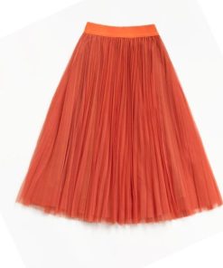 スカート | チュールプリーツウエストゴム 膝丈可愛い ハイウエスト 白 黒 10色 レディース OL 通学通勤 無地 春夏秋 裏地付き