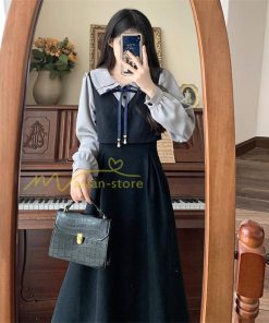 マキシ | ロングワンピース 秋物 レディース ミモレ丈 Aラインワンピース 切り替え ビロード フェイク 着やせ 30代40代 レイヤード風 重ね着風 お呼ばれワンピース