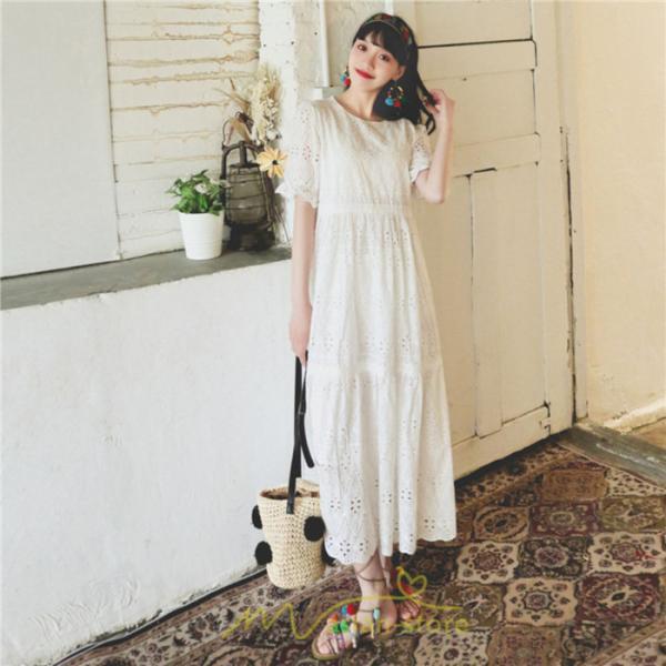 マキシ | ワンピース 夏 レース 半袖 ロングワンピ ワンピ ロング丈ワンピース ロングワンピース 無地 可愛い ナチュラル きれいめ 外出 大人 お出かけ かわいい 着痩せ