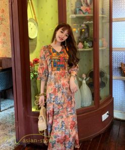 マキシ | ロングワンピース 五分袖 夏ワンピース 秋新作 Aラインワンピース マキシワンピース 刺繍 花柄 プリント 切り替え 旅行 30代40代 ワンピース ダンス 舞台 可愛い