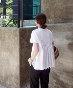 ｔシャツ・カットソー | Tシャツ レディース トップス 夏 半袖 可愛い 無地 切り替え 後ろプリーツ 黒 プルオーバー 体型カバー シンプル OL 大人 夏服 サマー