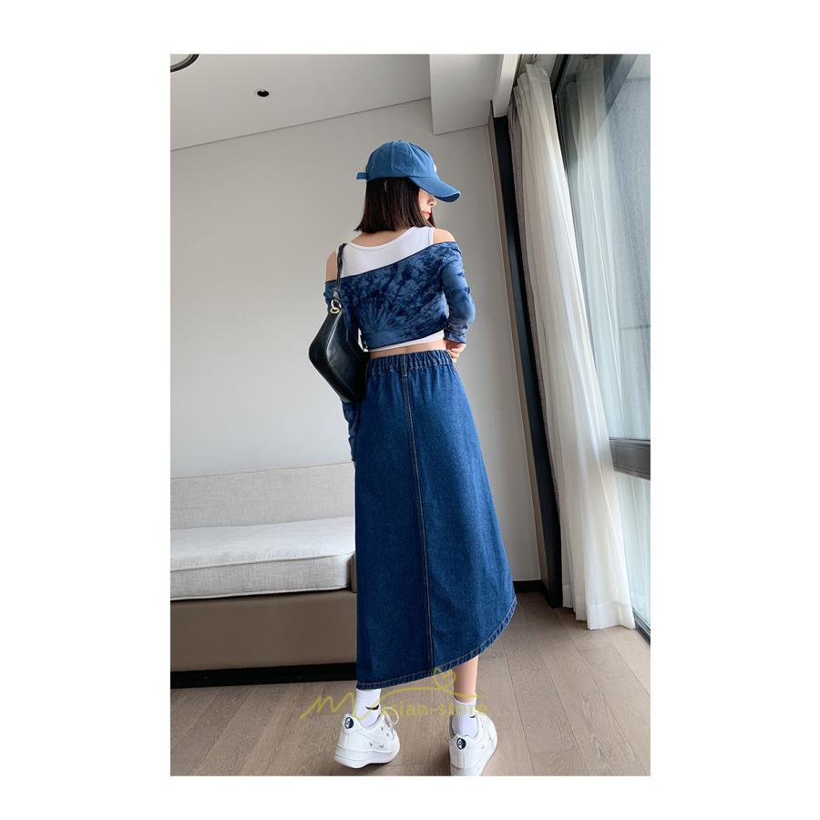 スカート | バッグゴムデニムロング秋冬 ミモレ丈 秋物 レディース 不規則裾 フロントスリット Aライン大きいサイズあり デニム スカート 6XL