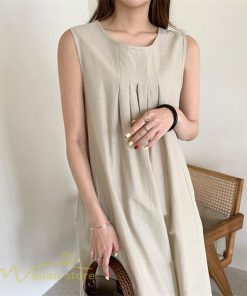 マキシ | ワンピース ノースリーブ 夏服 麻混 リネン混 春夏 カジュアル Aラインワンピース 綿麻 レディース フリーサイズ 夏 ロング丈 ギャザー きれいめ 無地