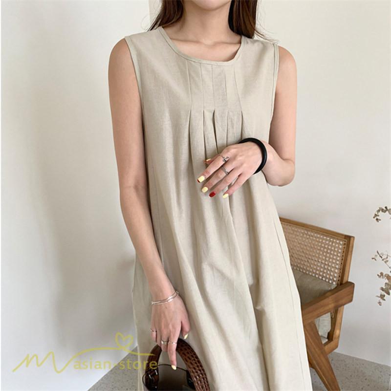 マキシ | ワンピース ノースリーブ 夏服 麻混 リネン混 春夏 カジュアル Aラインワンピース 綿麻 レディース フリーサイズ 夏 ロング丈 ギャザー きれいめ 無地