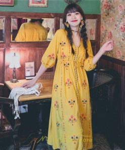 マキシ | ロング丈ワンピース レディース 花柄 Aライン 七分袖 ロング丈 ゆるシンプル きれいめ Vネック カジュアル 細見え 白 リゾート 黄色 上品 華やか 旅行