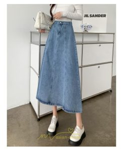 スカート | デニムフレアミモレ丈 ロングt丈 シンプル ゆったり レディース フレア 大人 秋冬 ハイウエスト 美脚 韓国ファッション 可愛い