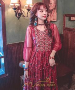 マキシ | マキシ丈ワンピース 夏 リゾート 花柄 ロング丈ワンピース ロング 七分袖 民族風 エスニック風 体型カバー 可愛い おしゃれ フェミニン 着痩せ 上品