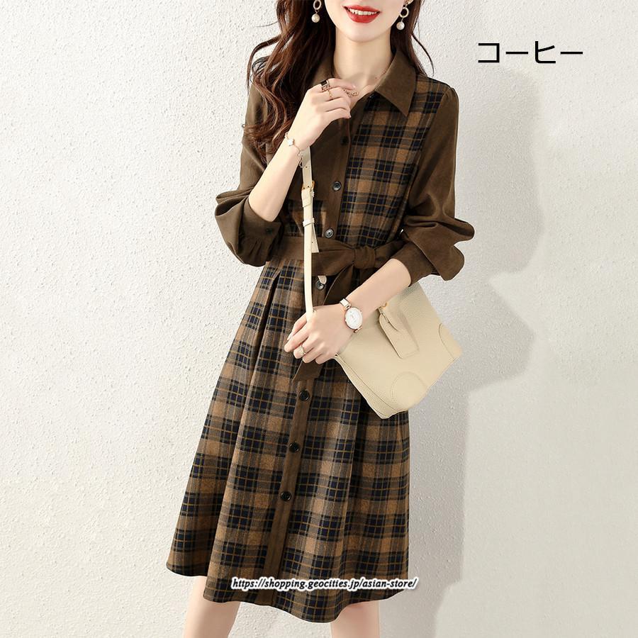 ミディアム | ワンピース レディース 40代 きれいめ シャツワンピース 秋服 長袖ワンピース チェック柄 リボンスカート オシャレ 大人 カジュアル 体型カバー 30代 50代