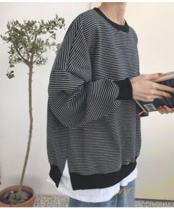 パーカー | フェイクレイヤード風トレーナー レディース ゆったりシルエット 切替 長袖 トップス フードなしボーダー ロングTシャツ サイドスリット入れ