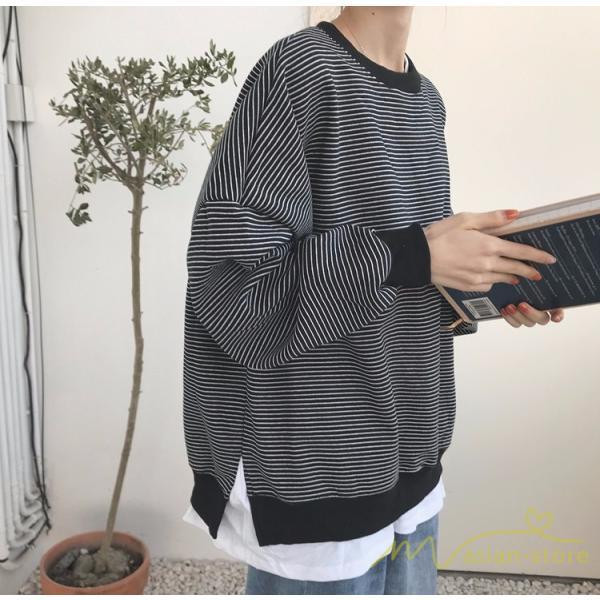 パーカー | フェイクレイヤード風トレーナー レディース ゆったりシルエット 切替 長袖 トップス フードなしボーダー ロングTシャツ サイドスリット入れ