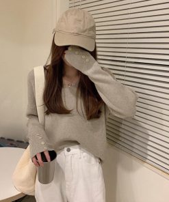 ニット・セーター | ボタン飾り 秋冬 無地 ニットトップス レディース 長袖 ニットセーター シンプルニット プルオーバー きれいめ Vネック