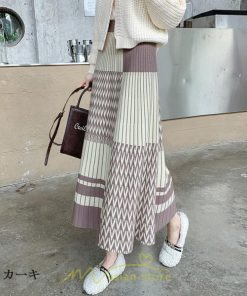 スカート | ロング 秋冬 黒 グレー カーキ プリーツレディース Aライン ニット ウエストゴム あったか おしゃれ 着痩せ 人気 小柄 新着 高見え