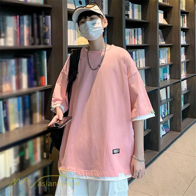 Tシャツ | メンズ 夏物 半袖 五分袖 フェイク レイヤード 重ね着風 無地 おしゃれ プルオーバー オーバーサイズ カジュアル 30代 20代 40代 ゆったり 男性着