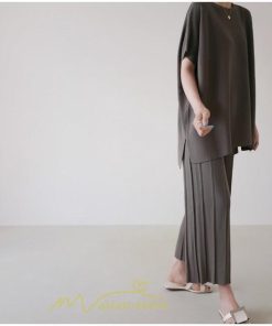 送料無料SALE | セットアップ ニット トップス パンツ ストレッチ 涼感 夏ニット 半袖 九分丈 ウエストゴム レディース 2点セット ゆったり Vネック 無地 30代40代 上品