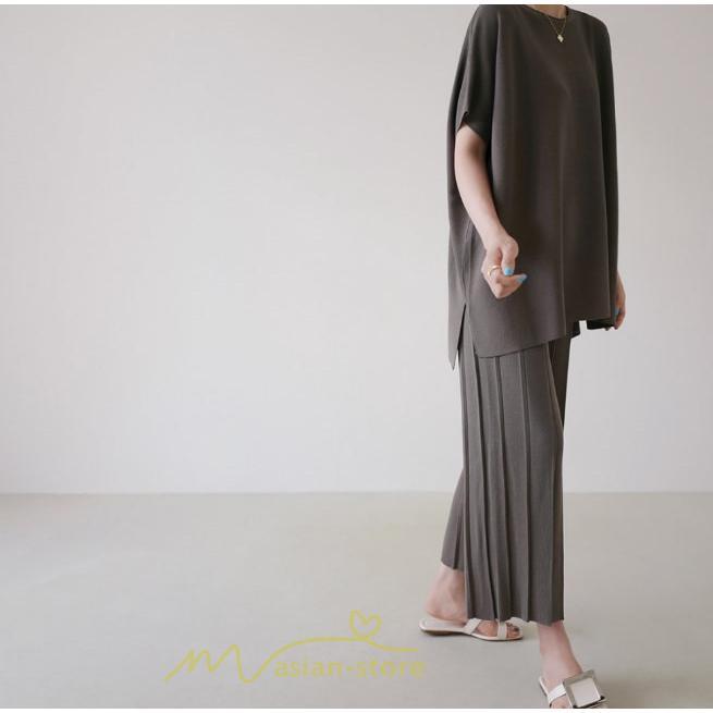 送料無料SALE | セットアップ ニット トップス パンツ ストレッチ 涼感 夏ニット 半袖 九分丈 ウエストゴム レディース 2点セット ゆったり Vネック 無地 30代40代 上品