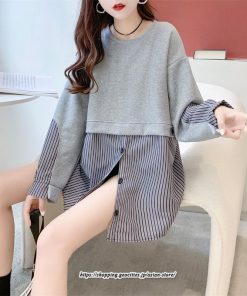 パーカー | 重ね着風トレーナー レディース 長袖 トップス カジュアル スウェット ストライプ柄 ゆったり トレーナー トップス きれいめ レイヤード風 可愛い 切り替え