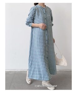 マキシ | 長袖ワンピース チェック柄ワンピース ロングワンピース レディース 秋物 ワンピース 楽チン 綿ワンピース 綿シャツワンピ スタンドカラー ゆったり 大きめ