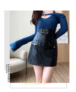 スカート | ミニレディース レザー タイトハイウエスト ポケット インナーパンツ付き ハイウエスト 韓国ファッション フェイクレザー