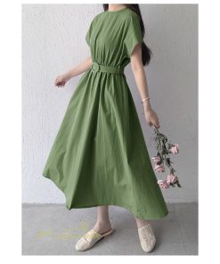 マキシ | 夏ワンピース ロングワンピース フレア 無地 半袖 ベルト付き Aラインワンピース レディース ワンピ 可愛い 体型カバー 大きいサイズ ゆったり カジュアル