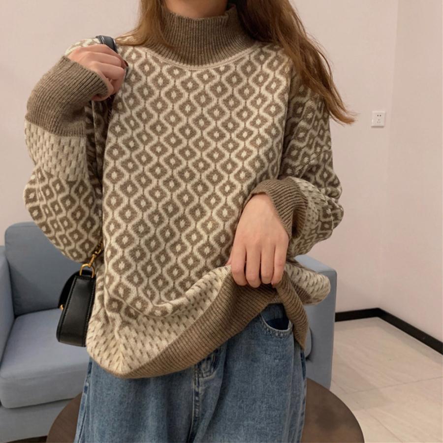 ニット・セーター | 配色ダイス柄ニットトップスハイネック